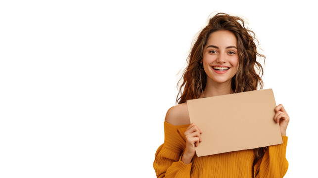 Young woman holding a blank sign with space for copy, isolated on transparent background