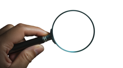 Hand holding a magnifying glass on transparent background, symbolizing search and investigation