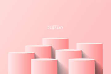 Empty pink room with set of seven steps 3D cylinder podium pedestal or product display stand. 3D vector geometric platform design. Minimal wall scene for mockup. stage for product presentation. - obrazy, fototapety, plakaty