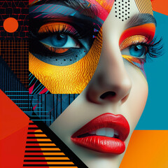 Abstract portrait of a beautiful woman with bright make-up and red lips
