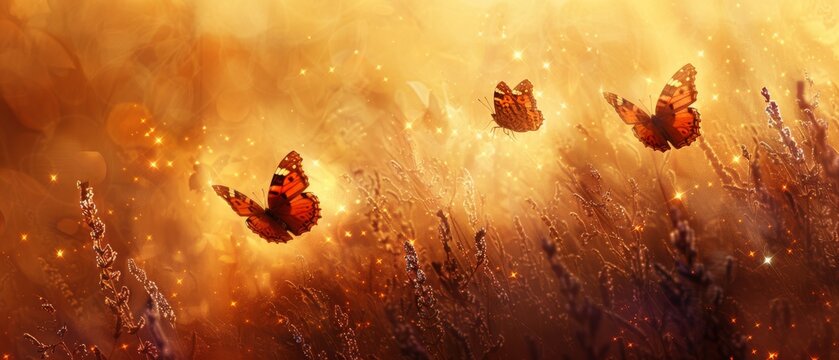   Three Butterflies in Golden Field - A captivating painting that brings to life the beauty and grace of nature's most delicate creatures The vibrant colors of the butterfl