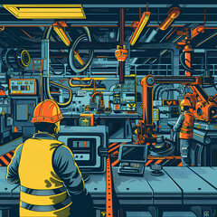 Vector illustration of a factory worker in a hard hat and glasses.