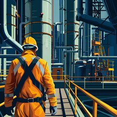 Engineer on the background of the oil refinery. Vector illustration.