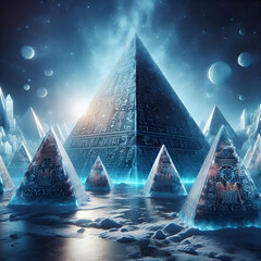 Pyramid of ice with Sanghyeon characters engraved on it.Generative AI - obrazy, fototapety, plakaty
