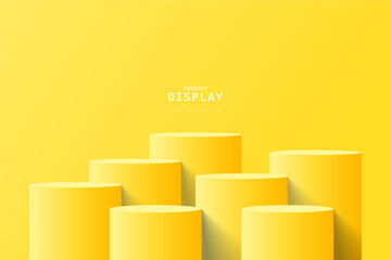 Empty yellow room with set of seven steps 3D cylinder podium pedestal or product display stand. 3D vector geometric platform design. Minimal wall scene for mockup. stage for product presentation.
