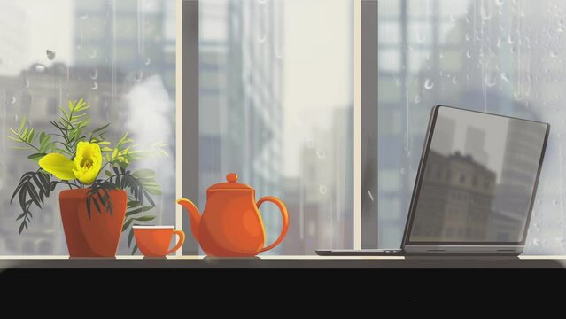 city view from the apartment window with a cup of tea, 4k time-lapse, animation video