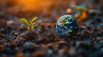 Green seedling growing from soil with Earth globe. Earth day concept.