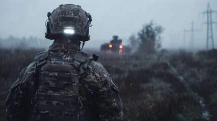Modern War : Soldier with tactical military HUD and battlefield scenarios - obrazy, fototapety, plakaty