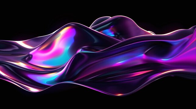holographic iridescent neon curved wave in abstract fluid motion against a dark background creating a dynamic 3D render and colorful gradient design for visual art