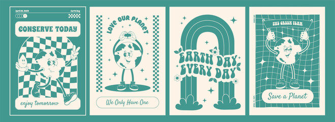 Set of Earth Day posters in trendy retro cartoon groovy style. Planet Earth mascot characters walking, showing heart with hands, standing. Ecology concept. Monochrome color vector illustration.