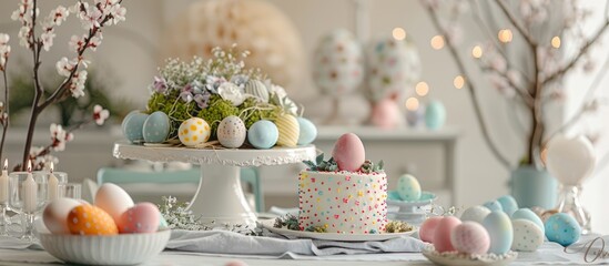 Easter-themed table decor with painted eggs, willow, and cake - obrazy, fototapety, plakaty