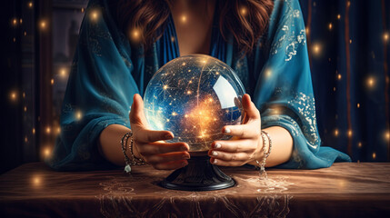 A splendid fortune teller woman is gazing into the future using a mystical crystal ball - obrazy, fototapety, plakaty