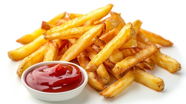 A pile of french fries with a red ketchup bottle next to them. The fries are golden brown and appear to be freshly cooked. The ketchup bottle is placed on a white plate