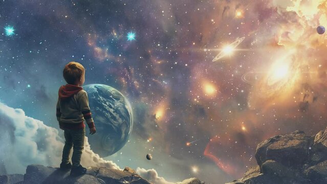 a boy is looking a galaxy in outer space, looping 4k time-lapse, animation video