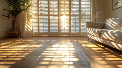 Elegant Morning Light Filters Through Slatted Window Blinds,Casting Soft Shadows on a Warm Wooden Floor in a Cozy,Scandinavian-Inspired Living Space - obrazy, fototapety, plakaty