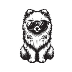 Obraz premium Pomeranian dog sitting wearing sunglasses Vector illustration in black and white 