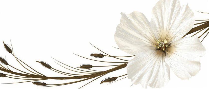   A captivating close-up image of a pristine white blossom against a clean white backdrop, featuring a graceful foreground grass stalk
