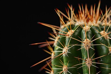 Close up of thorns on cactus isolated on black background