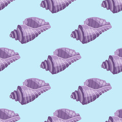 Sea shells vector seamless pattern, mollusks. Flat illustration of seashell.