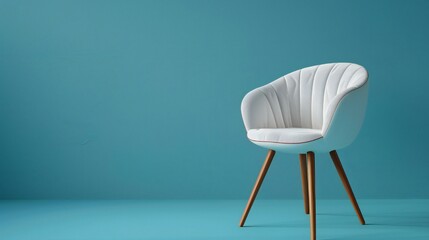 A white chair sits in front of a blue wall. The chair is the main focus of the image, and it is a simple, modern design. The blue wall serves as a neutral background, allowing the chair to stand out - obrazy, fototapety, plakaty