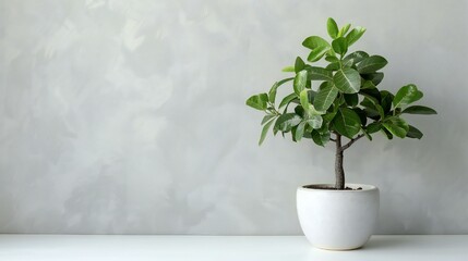 A small potted plant sits on a white table. The plant is a small tree with green leaves and a brown trunk. The table is white and has a clean, minimalist look