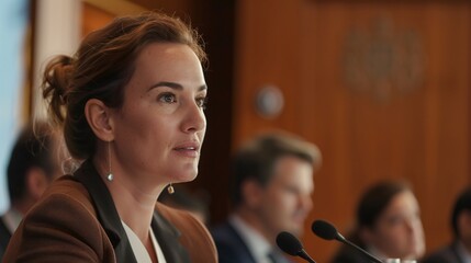 caucasian female political leader at international ecology forum press conference, reporting on successful deal, serious diverse delegates listening to high-profile address
