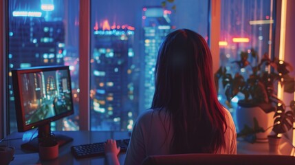 Obraz premium focused female game designer working on a new 3D level for a video game in her apartment late at night while developing metaverse designs on her personal computer