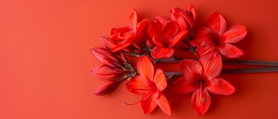   Red blooms adorn a tabletop, alongside scissors