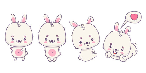 Collection cute rabbits. Funny white bunnies happy and sad, smiling, in love. Isolated kawaii animal character. Vector illustration. Kids collection