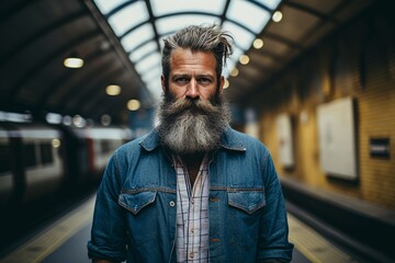 Portrait of a handsome mature man with long beard and mustache in a blue denim shirt standing at the train station - Powered by Adobe