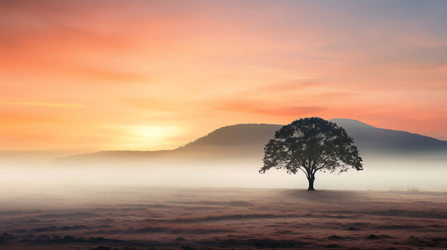 view of lonely tree in a foggy farm field in the morning haze by sunrise 