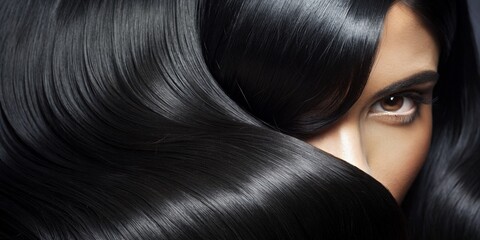 Closeup View of Shiny Straight Black Hair - Hair Care Concept