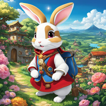Transport yourself to a whimsical realm of imagination with a delightful depiction of an anime-inspired rabbit. Envision a charming creature with oversized, expressive eyes, adorned in colorful access