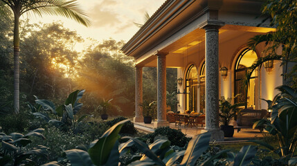 Morning Tranquility: A Luxurious Estate Graced by the Gentle Light of Dawn, With Views of the...