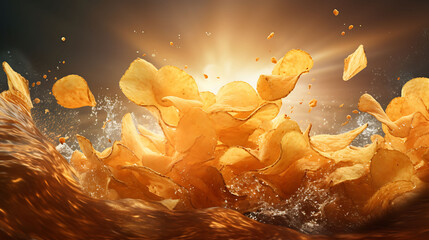 Wave splash of wavy potato chips flying snacks  - Powered by Adobe