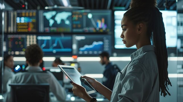 government employee uses tablet computer in system control center, young multiethnic female worker with digital screens and technical data monitoring
