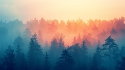 Tranquil forest landscape at dawn, with color transitions from cool misty blues to warm morning yellows with a minimalist design, focusing on the silhouettes of trees against a soft sky and gradation