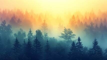Tranquil forest landscape at dawn, with color transitions from cool misty blues to warm morning yellows with a minimalist design, focusing on the silhouettes of trees against a soft sky and gradation