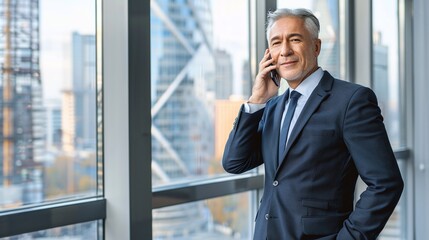 Fototapeta premium successful company CEO in a suit standing in a modern office looking out of the window at the city skyscrapers while answering a phone call and planning business projects