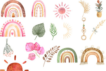 boho minimalist and benjamin watercolour elements and clipart for poster, and card vector illustration. boho leaves, arch, sun, and rainbows with watercolor sun and moon