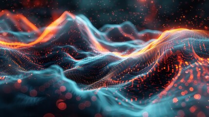 Fototapeta premium Abstract waves in energetic shades of orange ripple against a deep sea-colored backdrop, ideal for illustrating concepts of movement and energy in a fluid, abstract form.