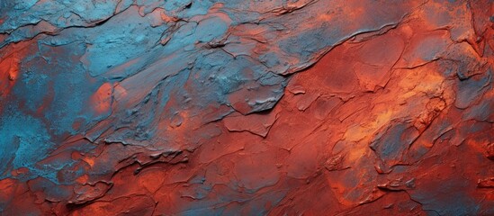 Vivid close-up showcasing a wall painted in striking red and blue hues contrasted with a deep black...