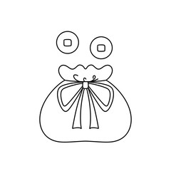 A white drawing of a bag with a bow on it