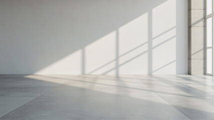grey shadow studio showcase, shadow sunshine and sunbeam reflection on white wall and floor in empty luxury studio
