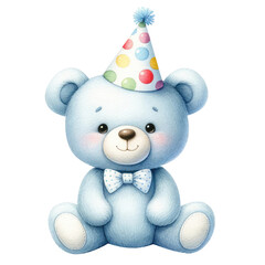 Blue teddy bear wearing a party hat watercolor transparent background