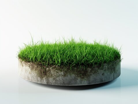 A circular cross-section of soil and green grass displayed against a clean white backdrop, symbolizing ecology and nature.