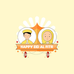 Eid al-Fitr vector with additional male and female characters. eid vector. vector illustration. Can be used for Eid, religious and business events