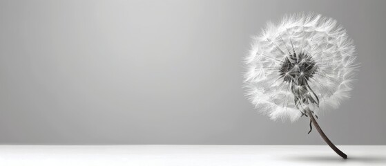   A dandelion drifts against a gray-white backdrop in a black and white photograph