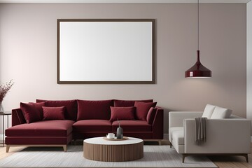 Mockup poster frame on the wall of modern living room with red sofa, interior mockup design 