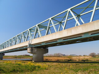 春の江戸川に架かるつくばエクスプレス線の鉄橋
